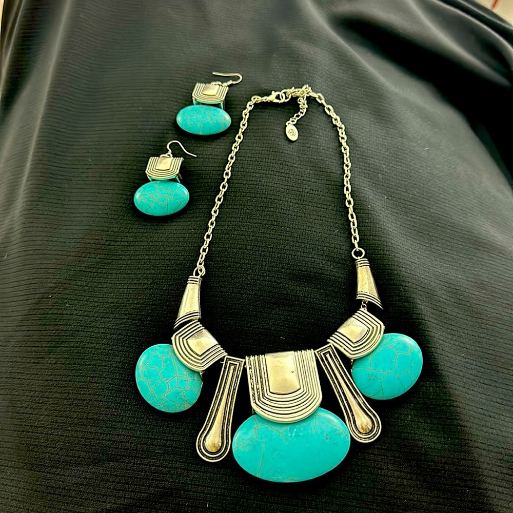 Turquoise and silver necklace and earrings set
